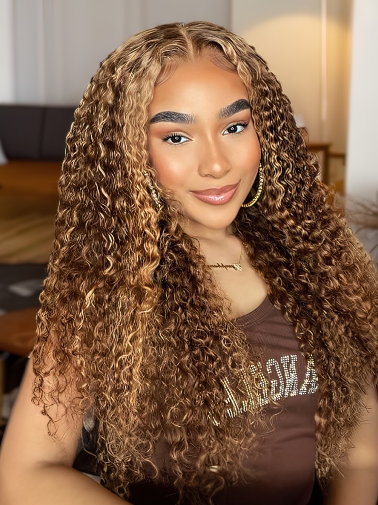 FLASH SALE Ombre Honey Blonde Highlight 13x4 Lace Front Curly Human Hair 150% Density Wigs