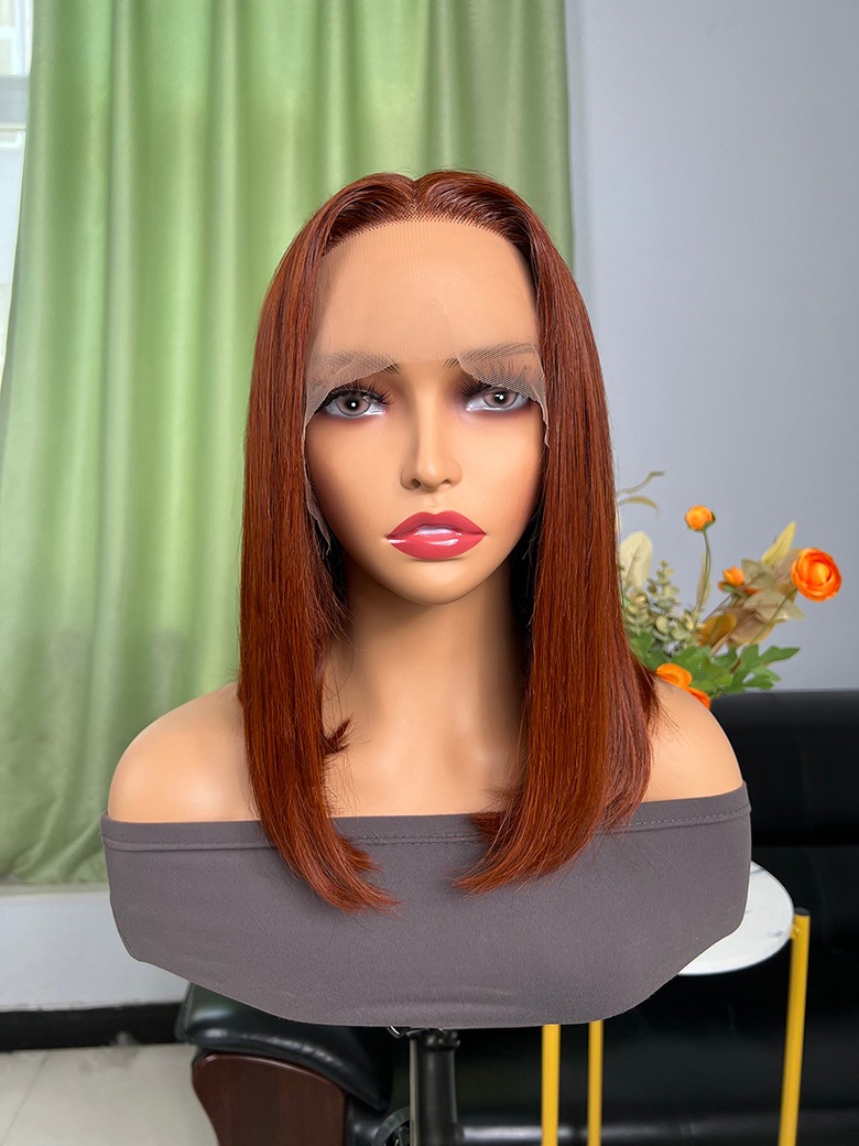 Dark Copper Red Straight Bob Wig Lace Part Wigs 150% Density