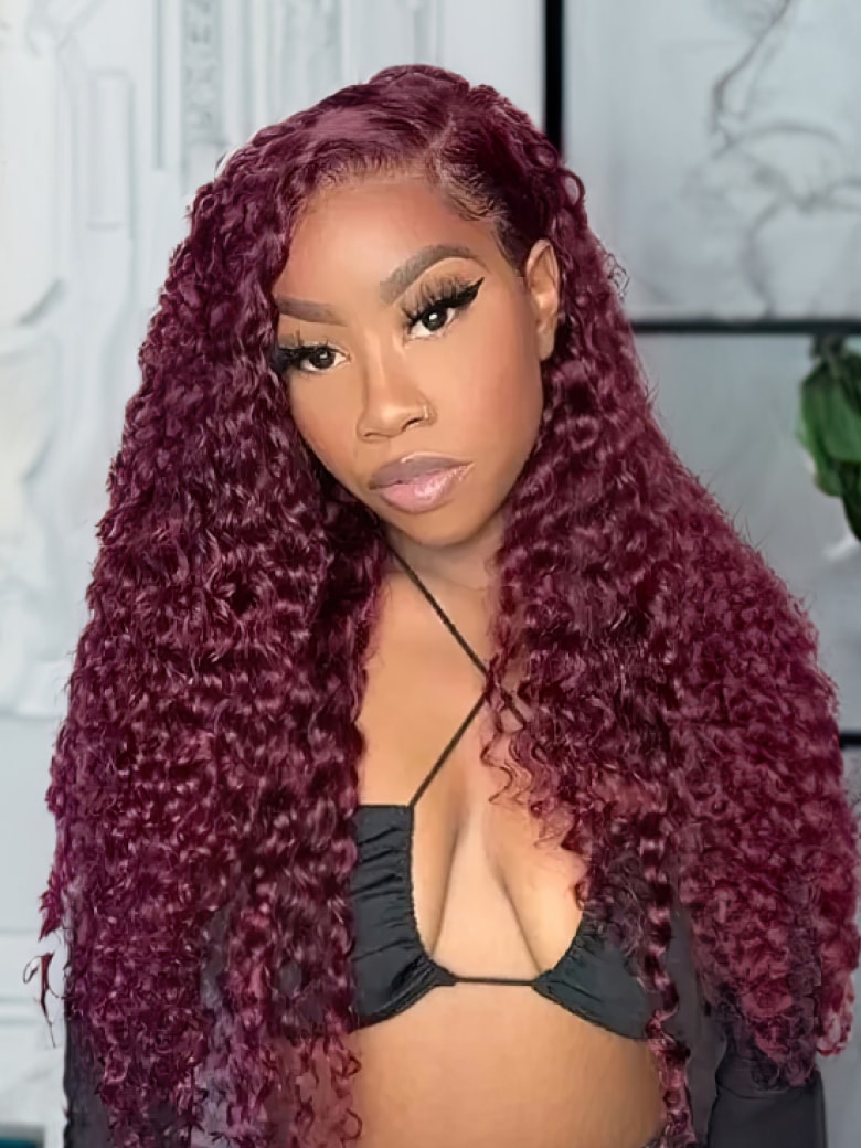 [22=$129]UNice 99J Burgundy 4x4 Lace Closure Jerry Curl Human Hair Wig Friday Sale