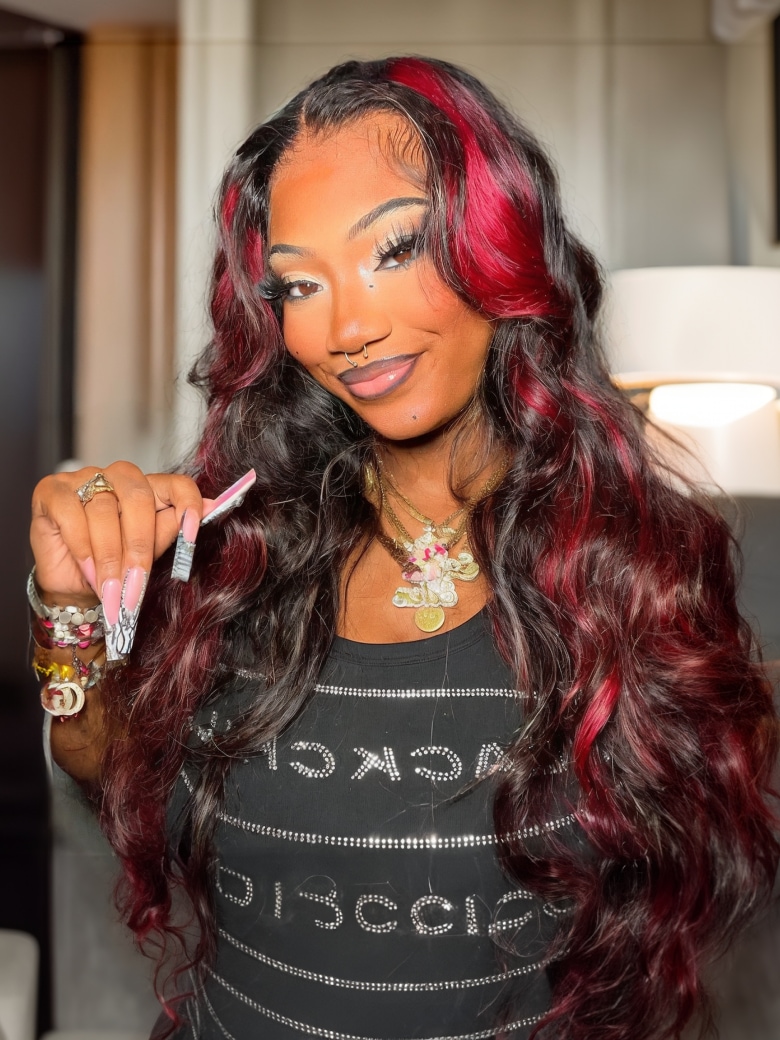 UNice Black With Red & Blonde Highlights 13x4 Lace Front Red And Blonde Loose Wave Wig Brand Day Sale