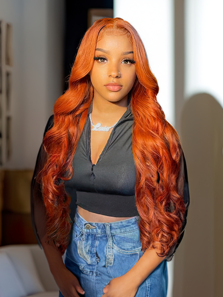 UNice ginger hair color lace front body wave human hair Wavy wig