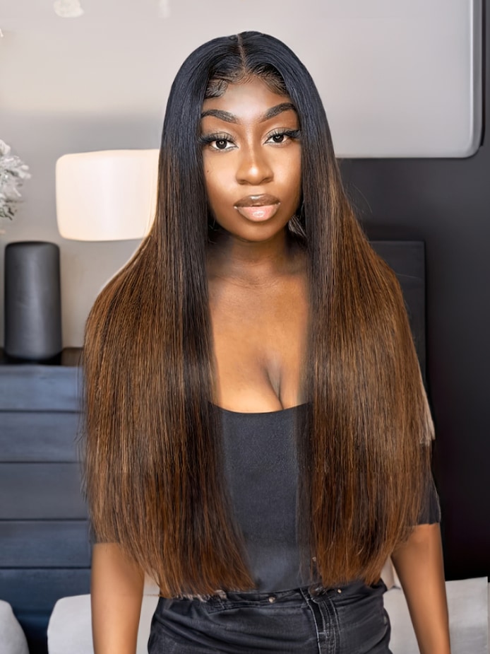 UNice Glueless U Part Straight Wig For Beginners With Brown Highlights