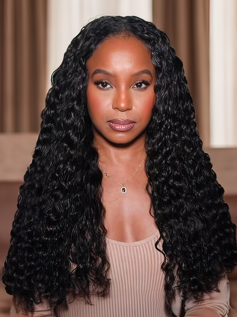 UNice No Leave Out V Part Glueless Deep Wave Natural Black Wig