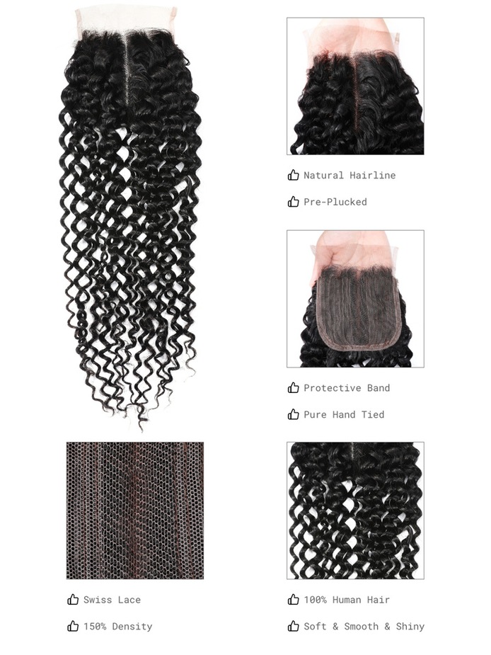 UNice Virgin 4Pcs Brazilian Curly Hair Bundles With Lace Closure