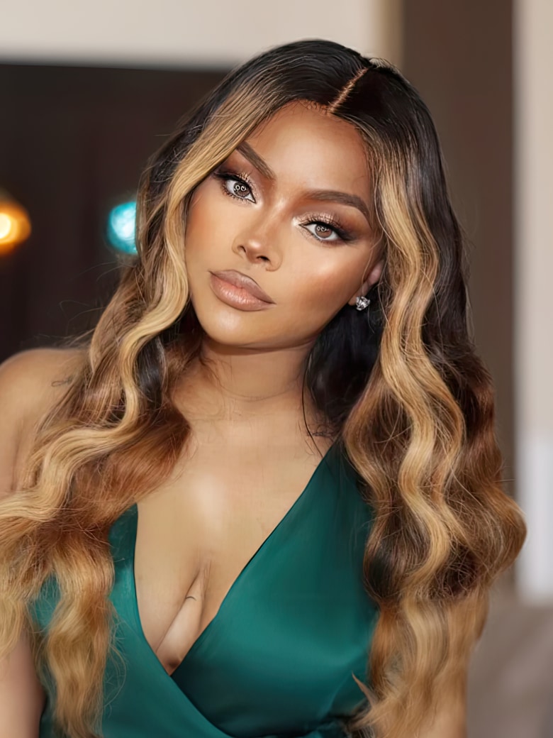From 22 180% Density UNice 13x4 Lace Front Black With Golden Blonde Highlights Beyon-Celebrity Style Loose Wave Ombre Wig