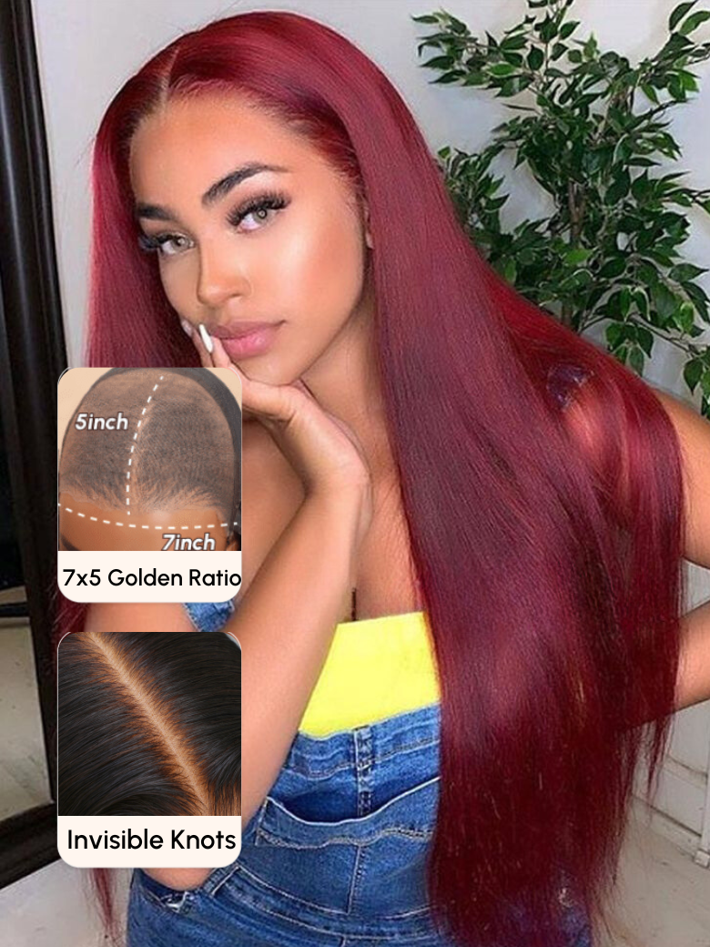 [24 Inch] 180% Density Bye Bye Knots Wig 7x5 Glueless Lace Burgundy Yaki Wig With Bleached Knots