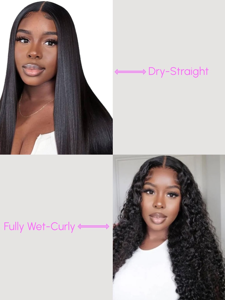 UNice Magic Dry Straight & Wet Curly Wig 2 Styles In 1 V Part Curly Human Hair Black Wig