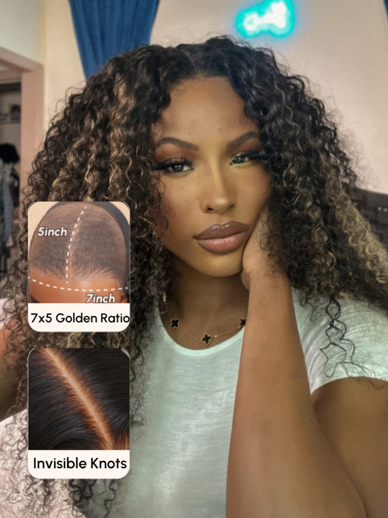 UNice Bye Bye Knots Wig 7x5 Glueless Lace Honey Brown Highlights Jerry Curly Wig With Bleached Knots