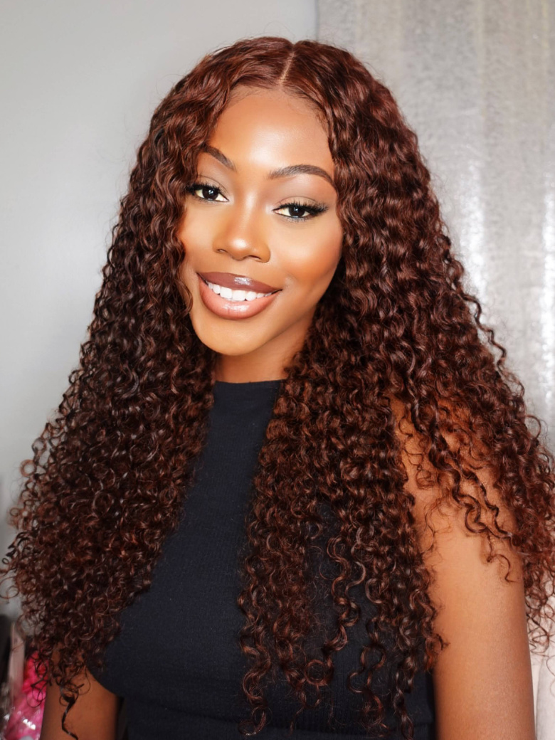 [From 20] Pre Cut 6x4.5 Lace Red Brown Curly Wig Quick & Easy Glueless Wig With Breathable Cap 150% Density