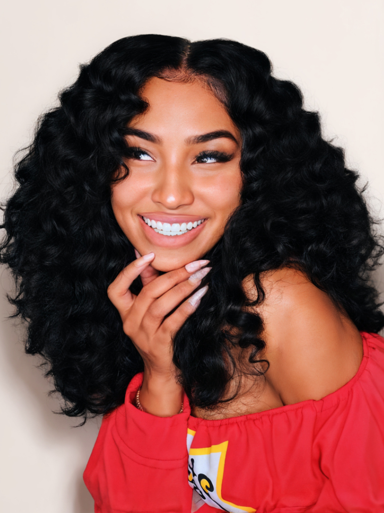 UNice Bye Bye Knots Wig 7x5 Glueless Lace Black Brown Highlights Wand Curls Wig With Bleached Knots 200% Density