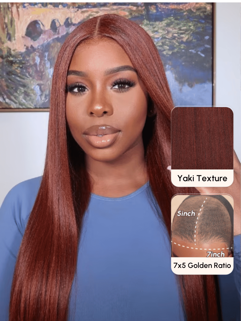 UNice Bye Bye Knots Wig 7x5 Glueless Lace Reddish Brown Yaki Wig With Pre-plucked Hairline
