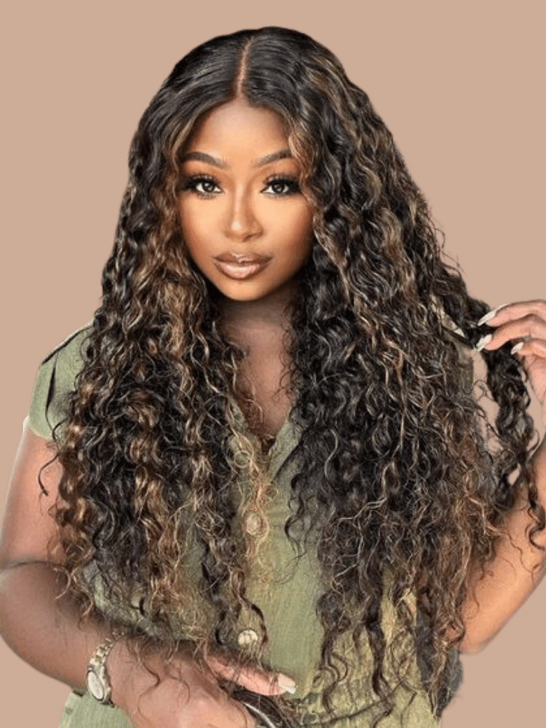 [20""=$99] Pre-Cut 6x4.5 Lace Black With Blonde Highlights Water Wave Wig 180% Density with Baby Hair