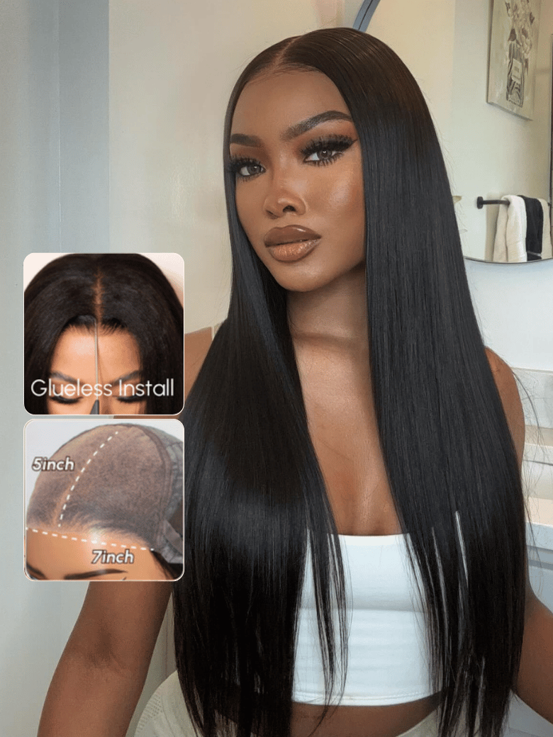 7x5 Bye Bye Knots Wig with Baby Hair Glueless Lace Black Straight Bleached Knots Wig 150% Density