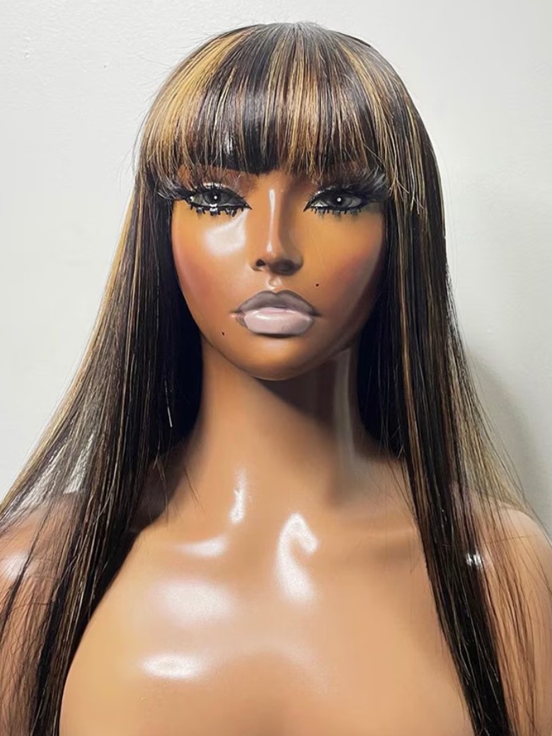 UNice 13x4 Lace Front Black With Honey Blonde Streaks Straight Wig With Chinese Bangs