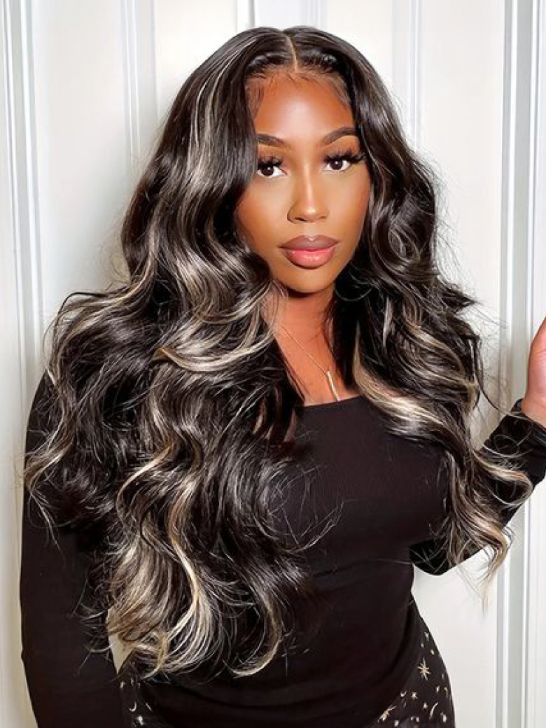 Bye Bye Knots Glueless 7x5 Lace Wig Black With Blonde Highlights 3D Body Wave Bleached Knots Wig
