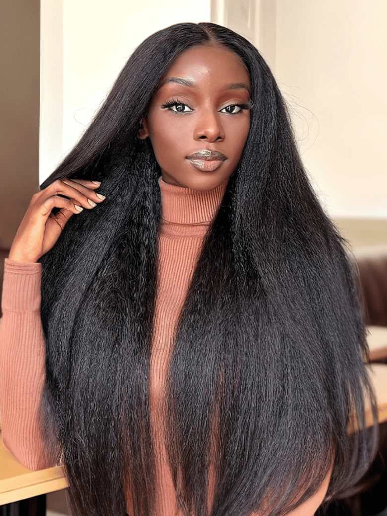 [22''=$99] Lace Part Kinky Straight Natural Black Pre-plucked Human Hair Wigs Breathable No Baby Hair 150% Density