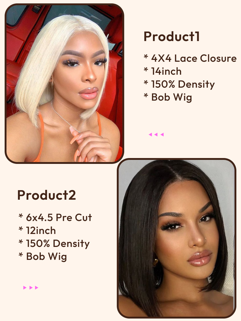 2 Wigs $140 for 14"" Blonde Color Lace Closure Bob Wig and 12"" Pre Cut 6x4.5 Lace Bob Wig