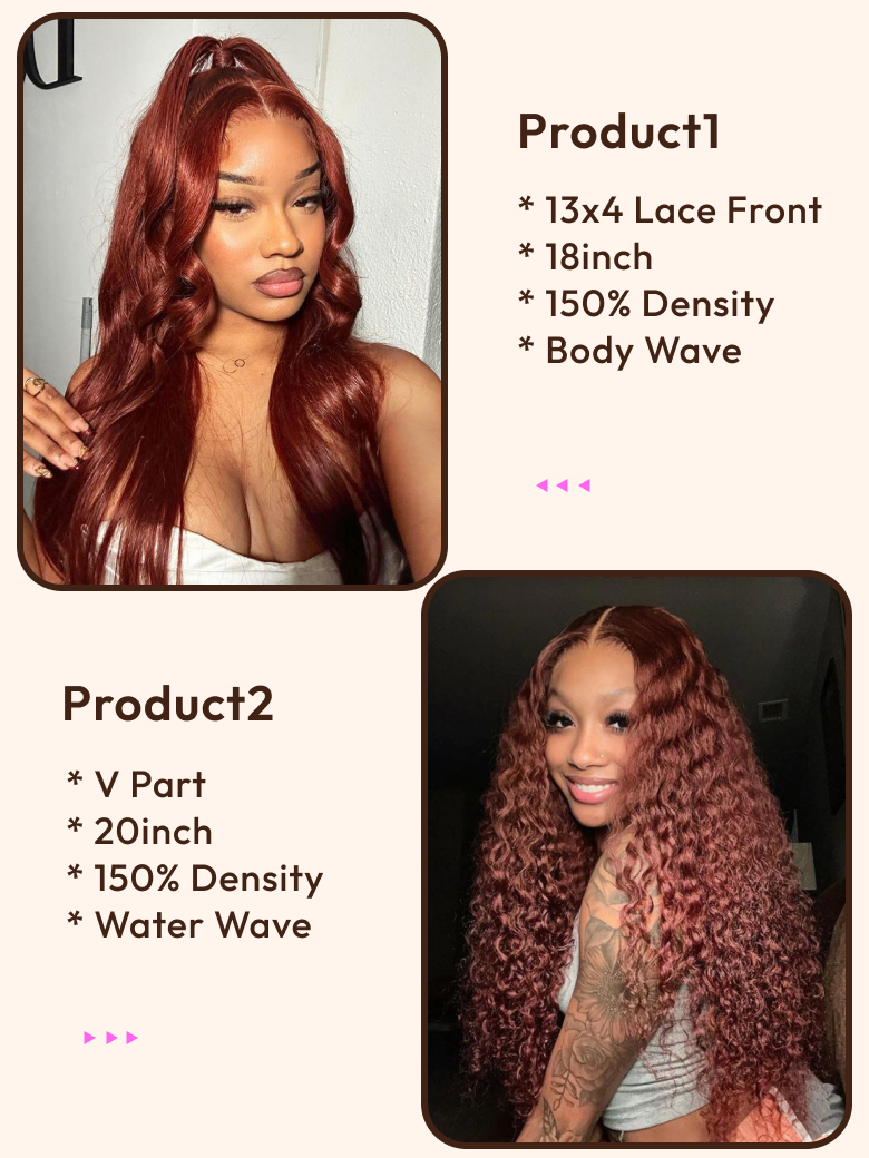 2 Wigs $177 for Ombre Reddish Brown V Part Water Wave Wig and 13x4 Lace Front Body Wave Wig