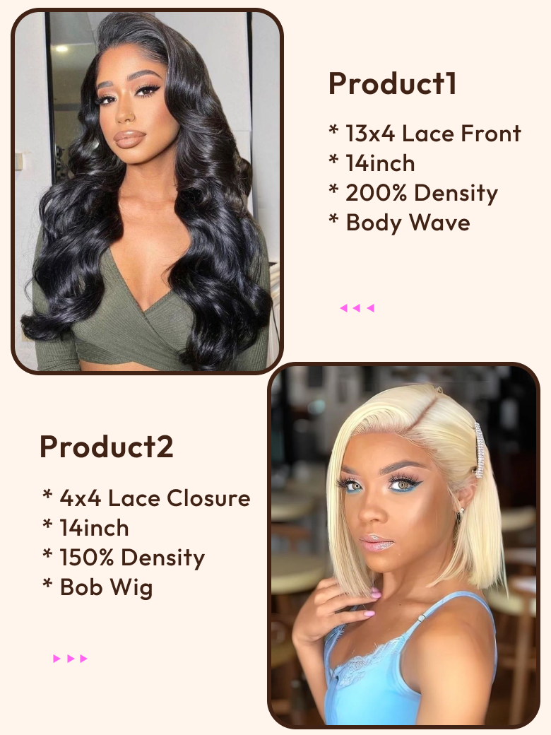 2 Wigs $149 for 14inch 200% Density 13x4 Lace Front Body Wave and 14inch Blonde Lace Closure Bob Wig