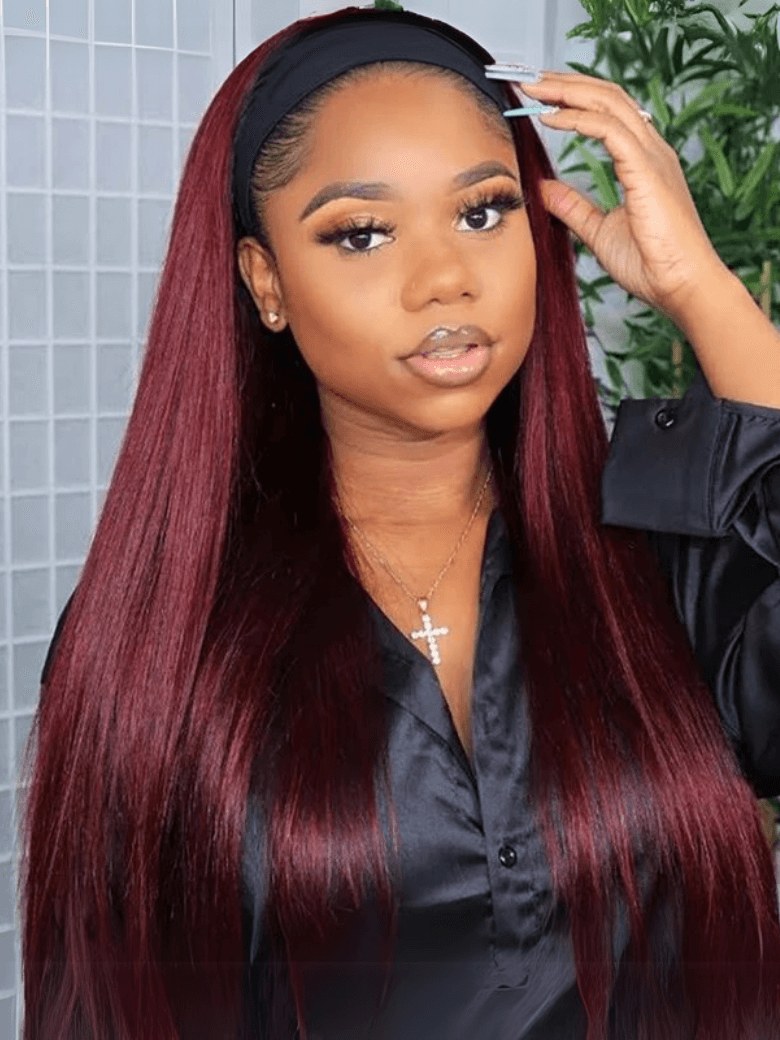 [BOGO FREE] Ombre 99j Wine Red Color Straight Human Hair Headband Wig With Black Root