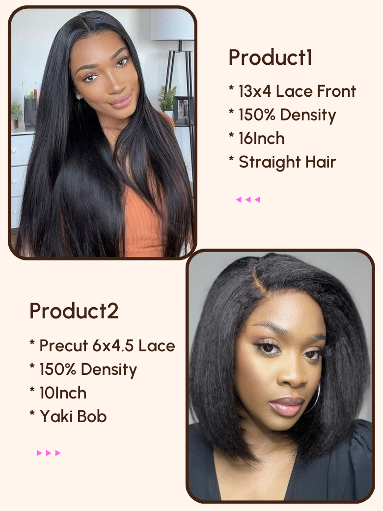 2 Wigs $148 for Lace Front Straight Hair Wig and Precut 6x4.5 Yaki Bob Wig
