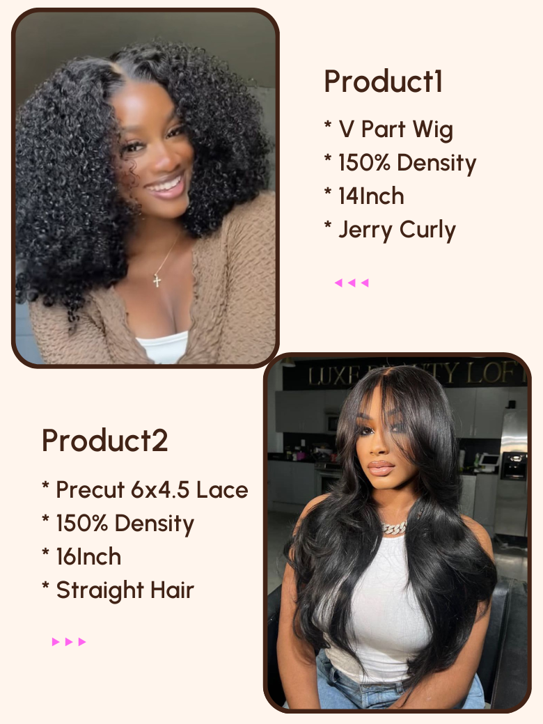 2 Wigs $147 For 16 Precut 6x4.5 Lace Straight Hair And 14 V Part Jerry Curly Wig