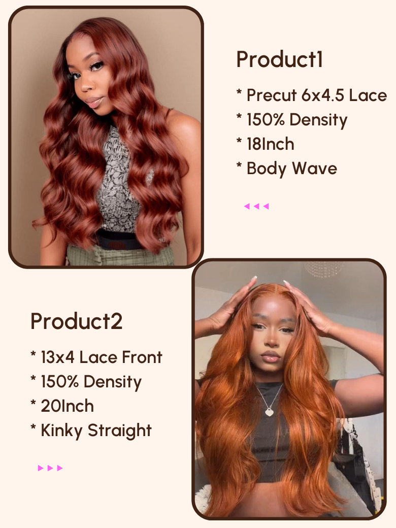 2 Wigs $174 for 13x4 Lace Front Highlight Kinky Straight Wig and Precut 6x4.5 Lace Reddish Brown Body Wave Wig