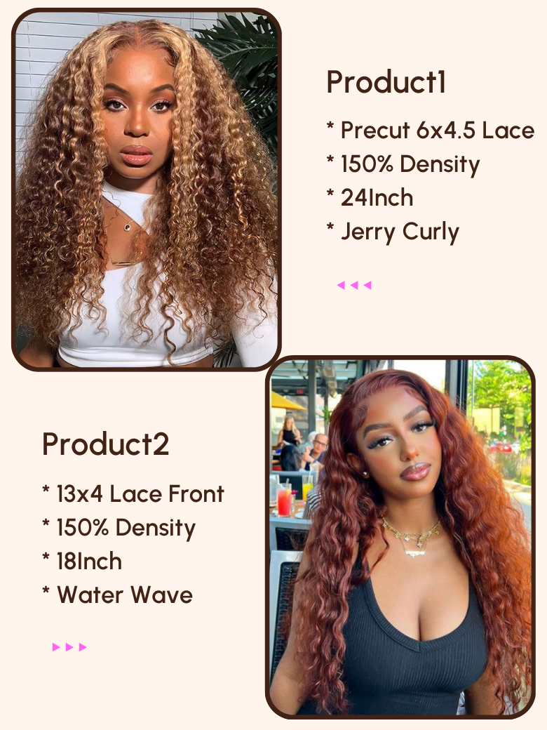 2 Wigs $238 for Precut 6x4.5 Lace Honey Blonde Curly Wig and 13x4 Lace Front Reddish Brown Water Wave Wig