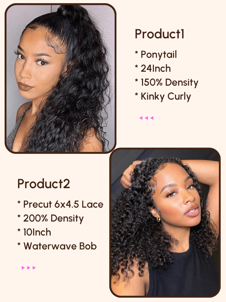 2 Wigs $126 For 24 Kinky Curly Ponytail And 200% Density 10 Precut Water Wave Bob Wig