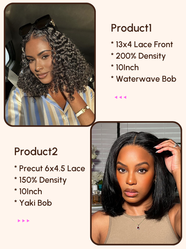 2 Wigs $149 for 13x4 Lace Front 200% Density Water Wave Bob Wig and Precut 6x4.5 Lace Yaki Bob Wig