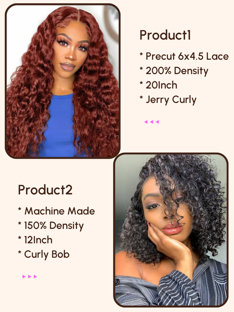 2 Wigs $164 For 20 Precut 6x4.5 Lace 200% Density Reddish Brown Curly Wig And 12 Curly Bob Wig