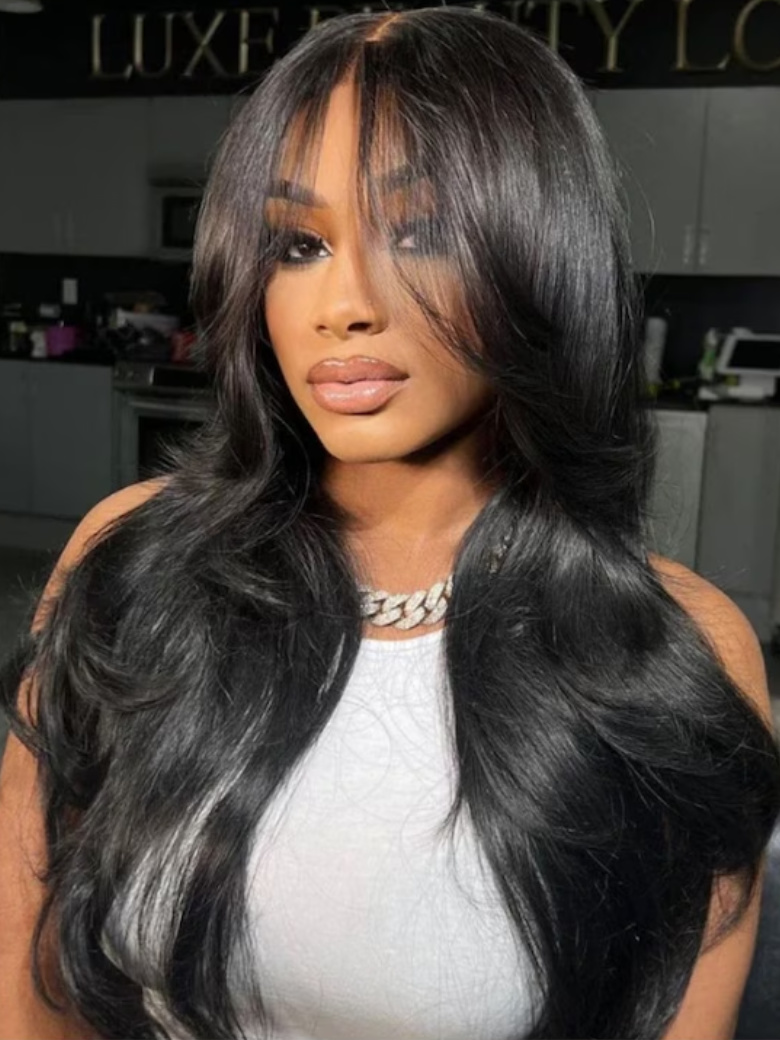 UNice 13x4 Pre-Everything Lace Frontal Black Fluffy Natural Loose Wave Curtain Bangs Wig