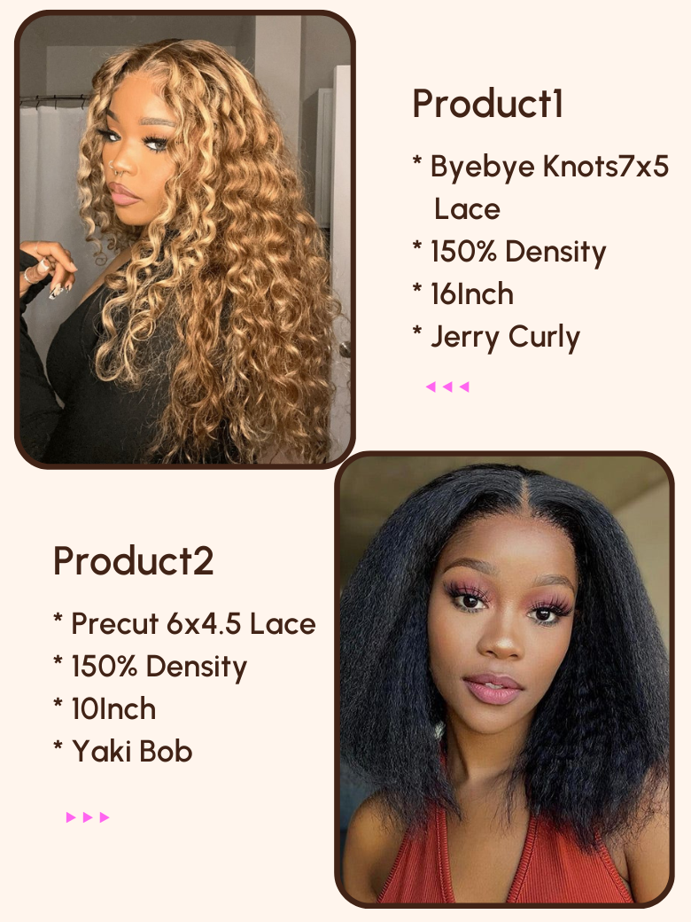 2 Wigs $157 for Byebye Knots 180% Density Curly Wig and Precut 6x4.5 Lace Yaki Bob Wig