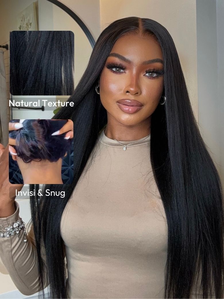 Bye Bye Knotsâ¢ Wig 7x5 Glueless Lace Black Yaki Straight Wig With Elastic Drawstring 360 Cozy Hug