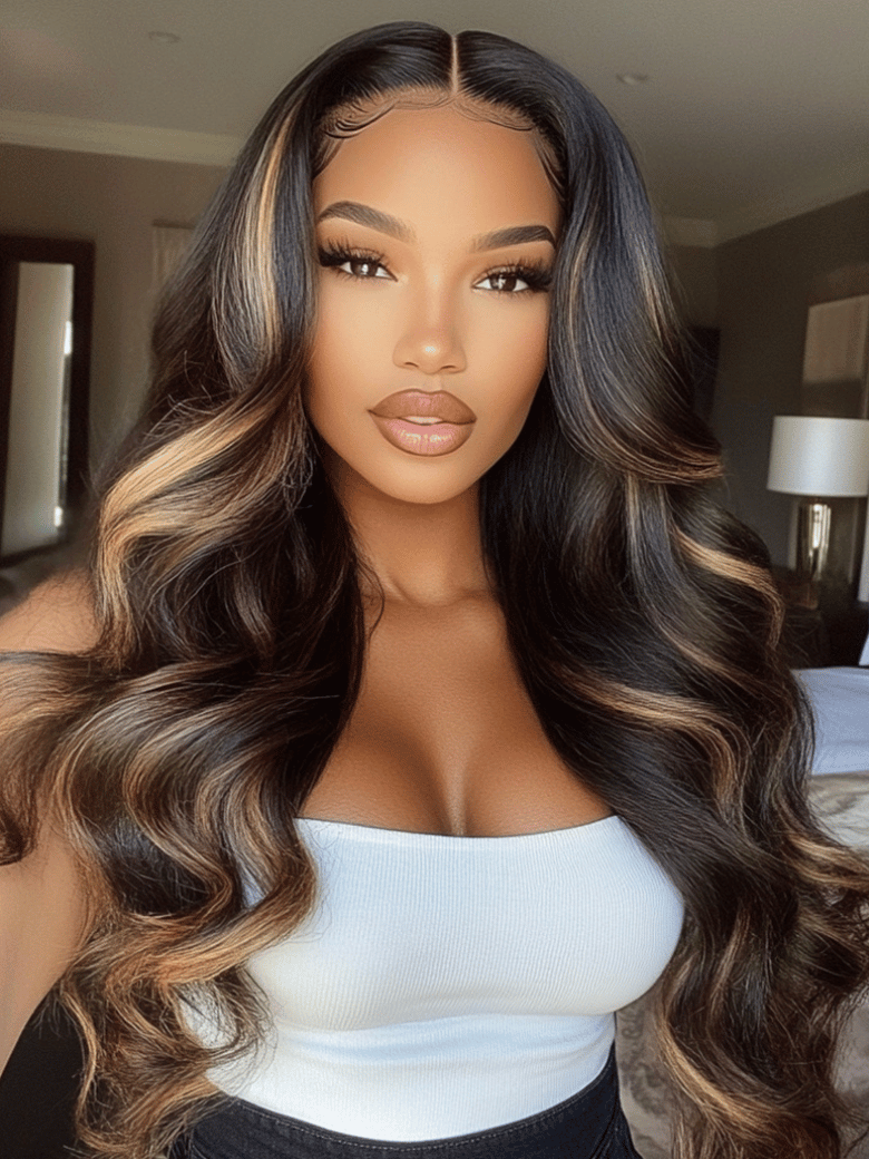 UNice 3D Body Wave Bleached Knots 7x5 Bye Bye Knotsâ¢ Glueless Lace Wig Black With Blonde Highlights