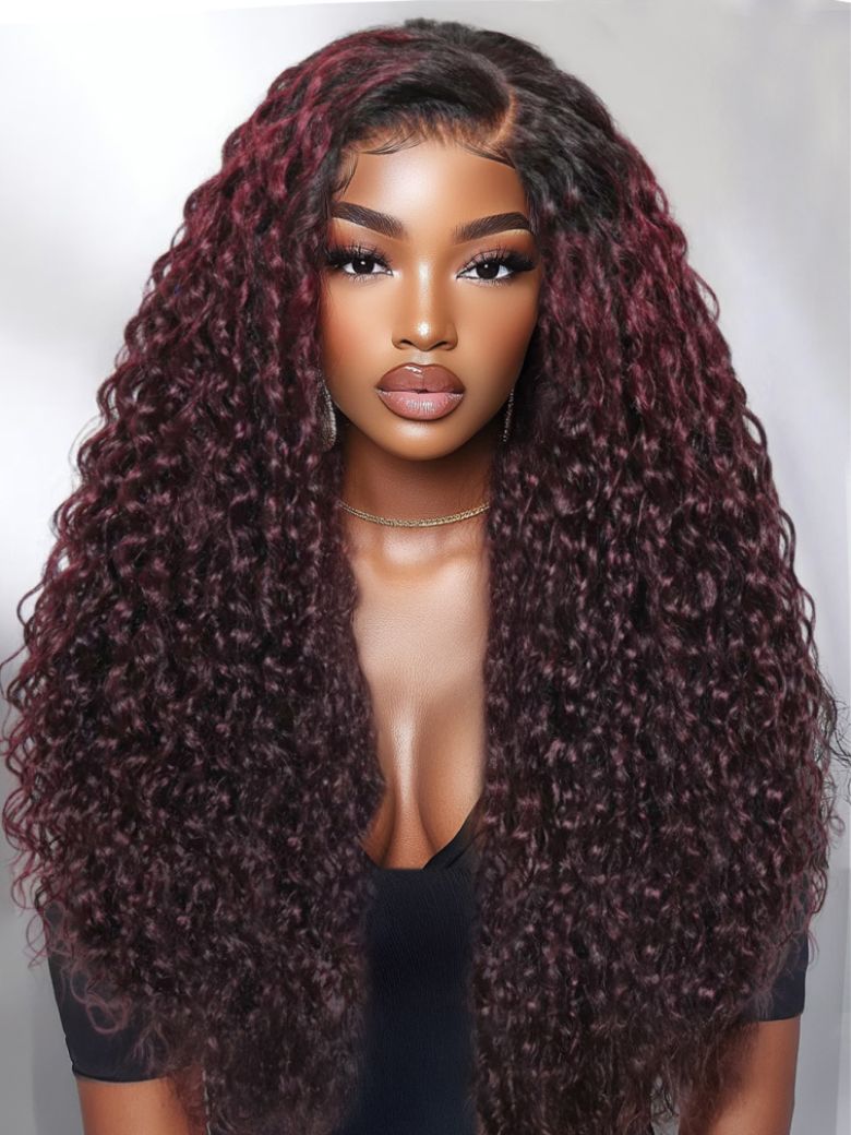 Trend HihglightUNice 13x4 Burgundy Plum With Dark Roots Blonde Highlight Glossy Highlight Water Wave Wigs 303$