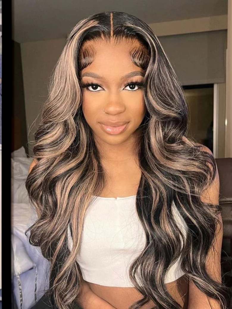 [From 18""] 13x5 T Part Lace Wig Body Wave Wig Shadow Root Blonde Highlight Bouncy Hair