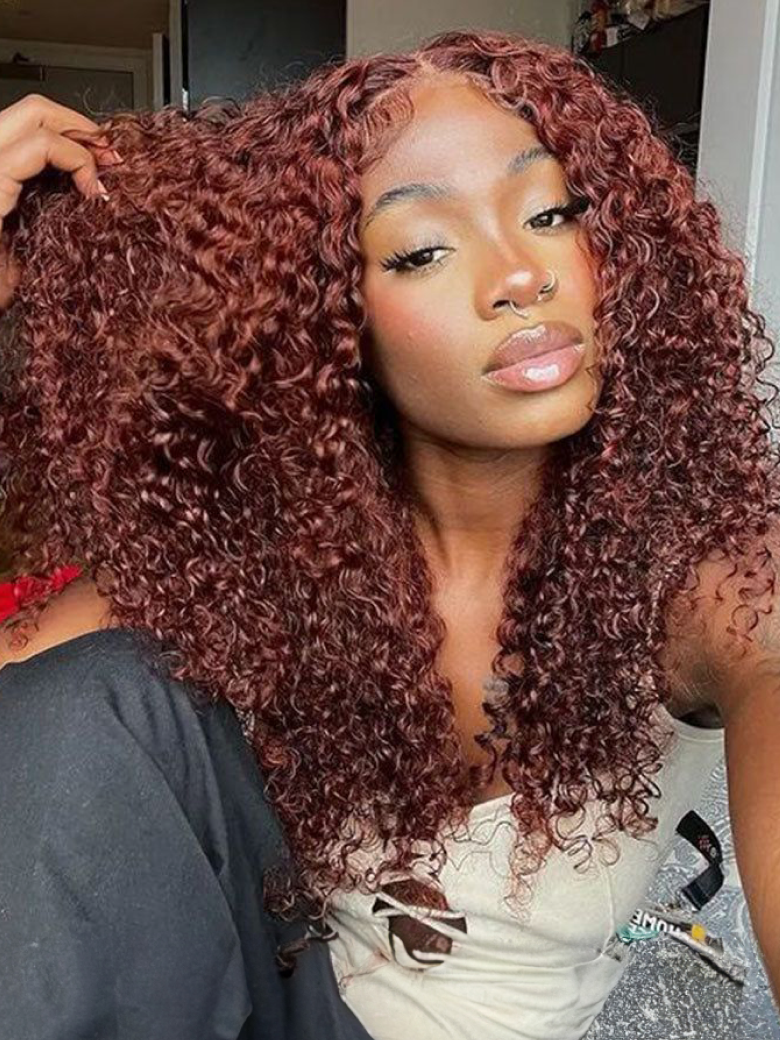 [20""=$99] 6x4.5 Pre Cut Transparent Lace Bleached Knots Put On And Go Reddish Brown Kinky Curly Air Wig Pre-Plucked Hairline