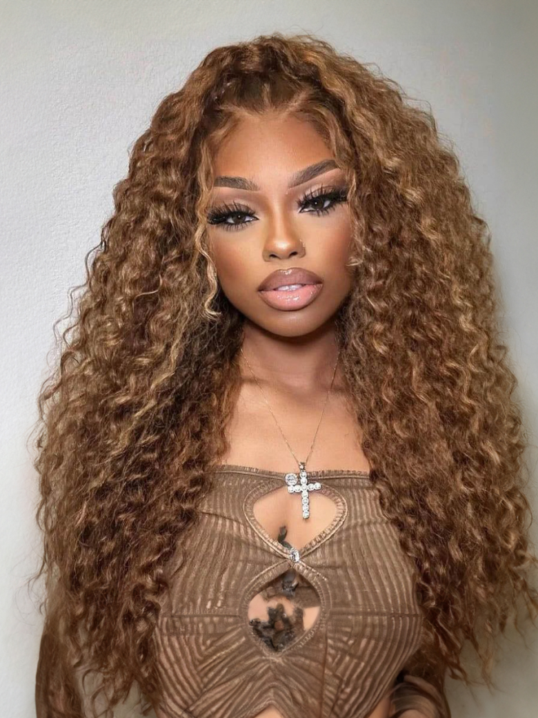 [22""=$109] Honey Blonde Balayage Jerry Curly 4x4 Lace Wig 150% Density Human Hair Wigs Friday Deal