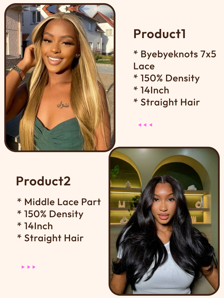 2 Wigs $142 for 14"" Byebye Knots 7x5 Lace Honey Blonde Straight Hair and 14"" Middle Lace Part Straight Hair