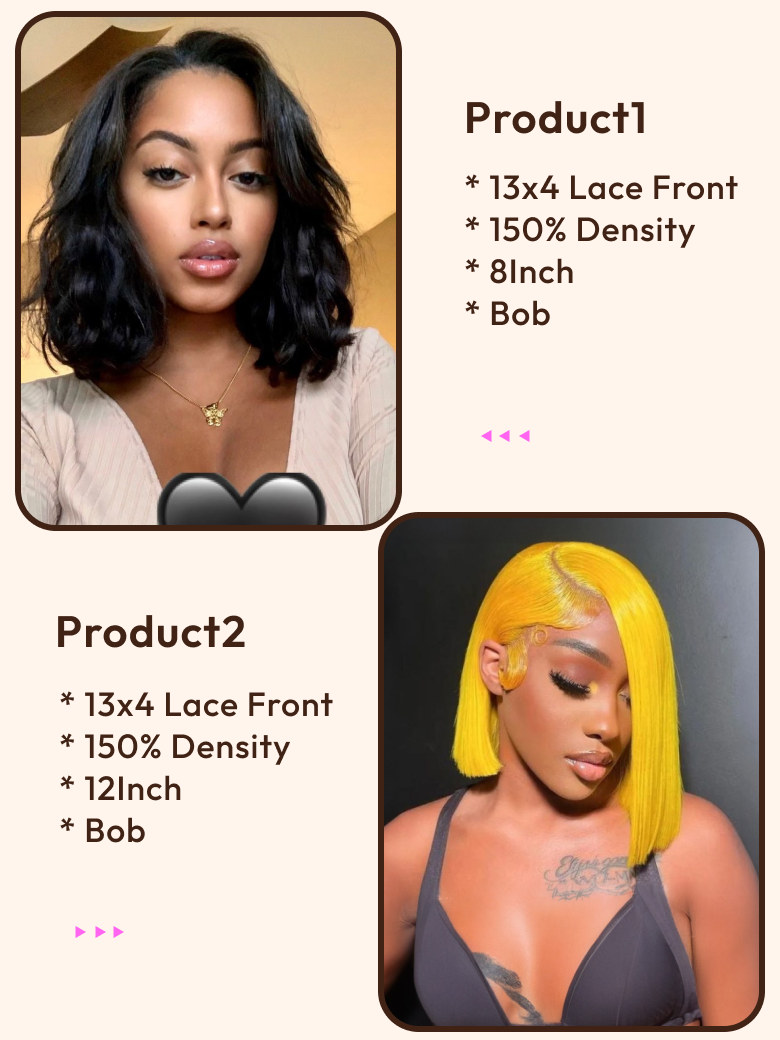 2 Wigs $147 for 12"" 13x4 Lace Front Yello Bob Wig and 8"" 13x4 Lace Front Bob Wig