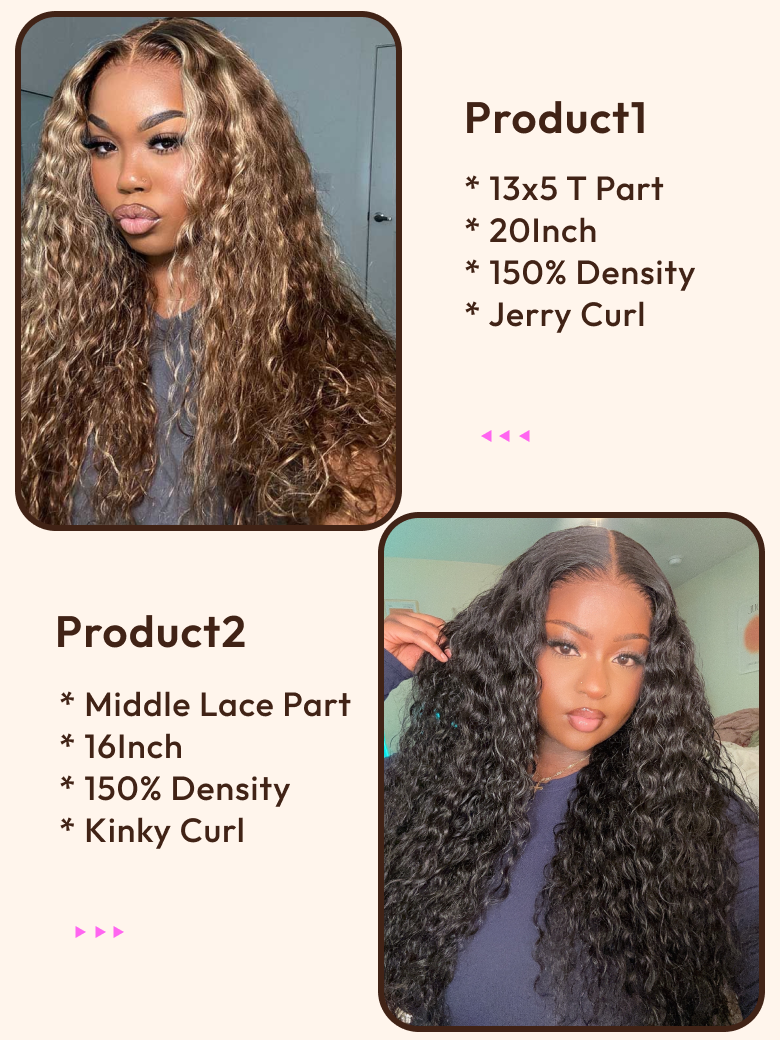 2 Wigs $148 for 20"" 13x5 T Part Lace Front Honey Blonde Curly Wig and 16"" Middle Lace Part Kinky Curly Wig