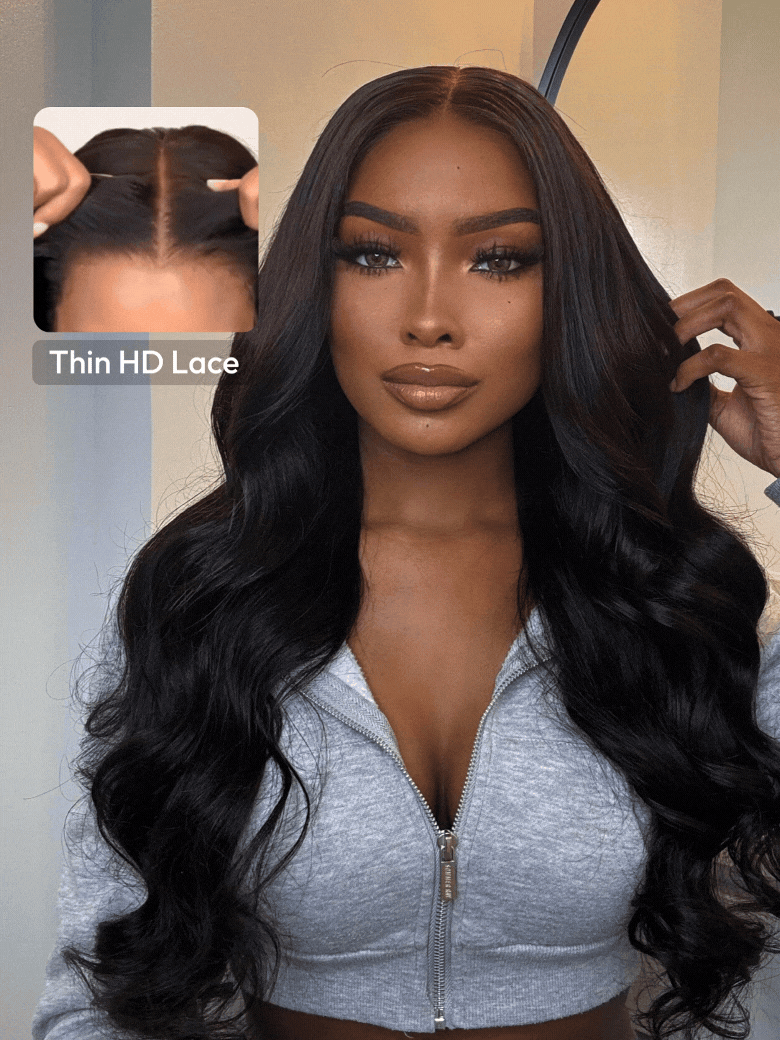 13x4 HD Bye-Bye Capâ¢ Wig Invisible Lace Frontal Bouncy Body Wave Black Wig