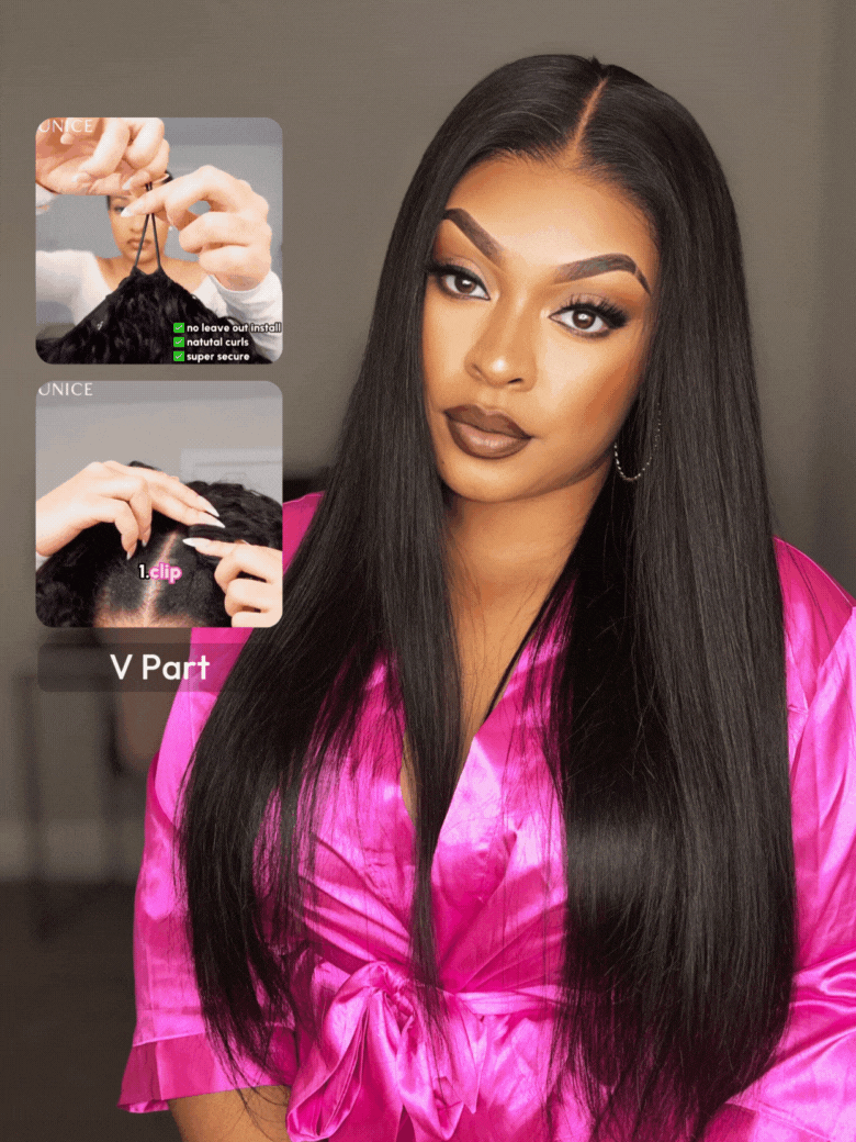 EasiContourâ¢ V Part Glueless Yaki Straight Wig With Invisi Drawstring 100% Human Hair 150% Density