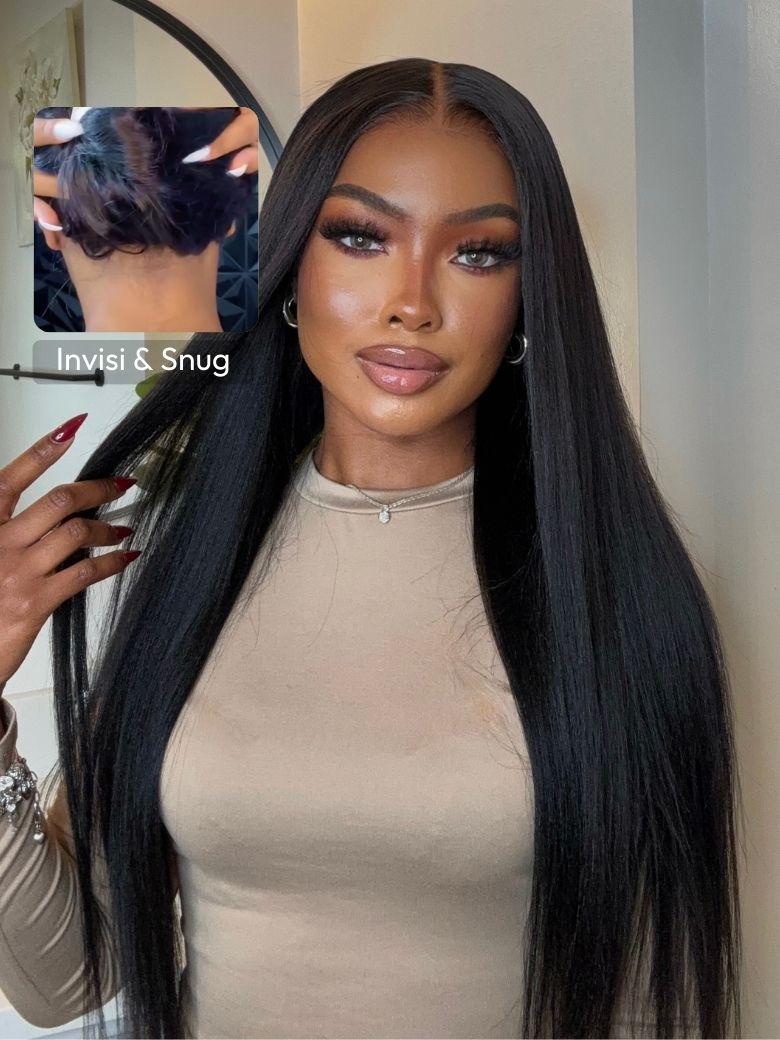 UNice ByeBye Knotsâ¢ Wig 7x5 Glueless Lace Black Yaki Straight Wig With Elastic Drawstring 360 Cozy Hug