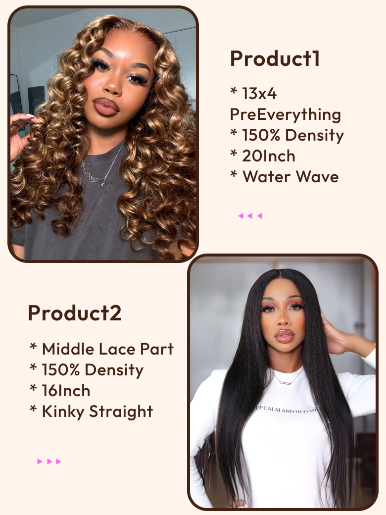 2 Wigs $172 for 20"" Honey Blonde 13x4 PreEverything Lace Front Water Wave Wig & 16"" Middle Lace Part Kinky Straight Hair