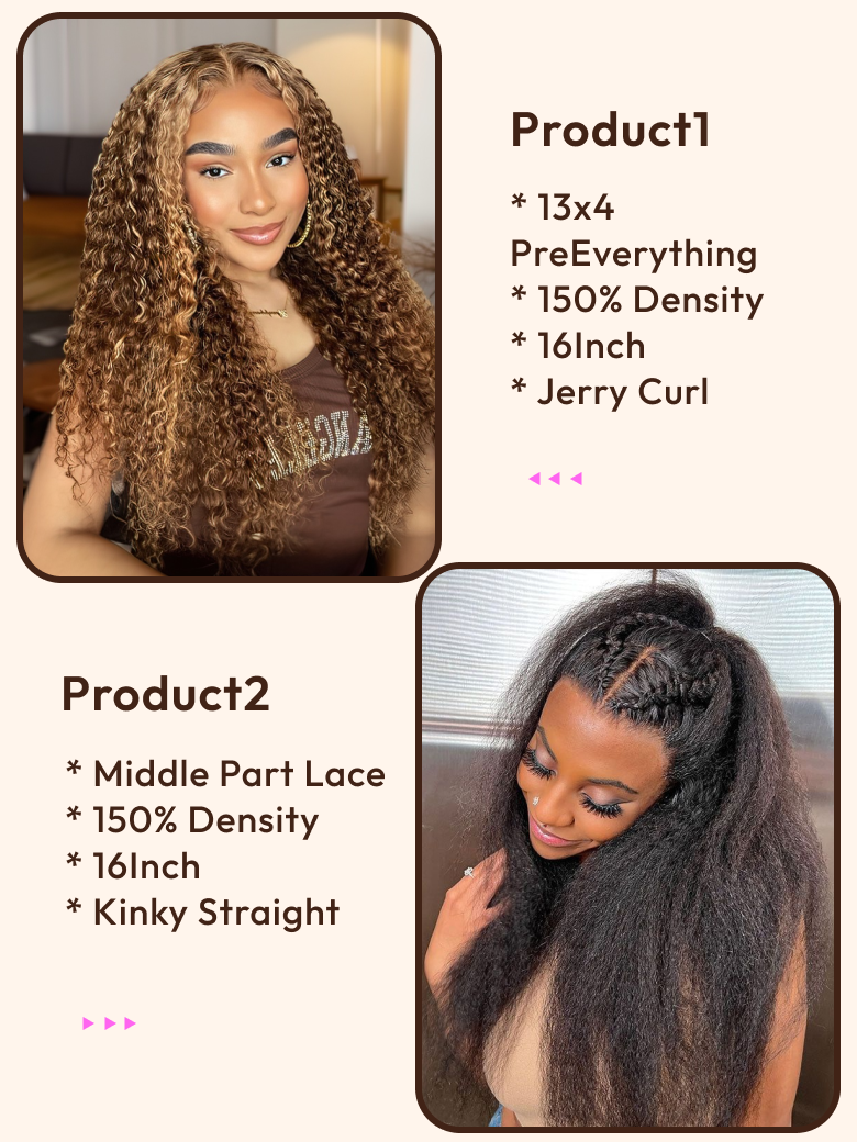 2 Wigs $167 for 16"" 13x4 PreEverything Lace Front Curly Wig and 16inch Middle Lace Part Kinky Straight Wig