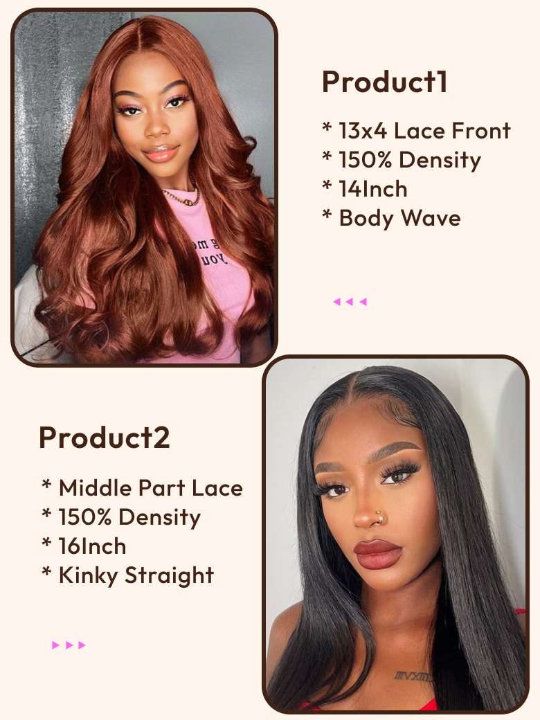 2 Wigs $157 for 16"" Middle Lace Part Kinky Straight Wig and 14"" Reddish Brown 13x4 Lace Front Body Wave Wig