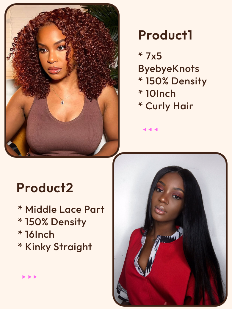 2 Wigs $150 for 16"" Middle Lace Part Kinky Straight Wig & 10"" Byebye Knots 7x5 Lace Reddish Brown Curly Wig