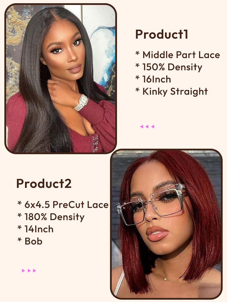 2 Wigs $165 for 16"" Middle Lace Part Kinky Straight Wig and 14"" Reddish Brown PreCut 6x4.5 Lace Bob Wig